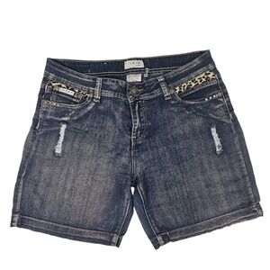 SAZA Jeans Denim Shorts Leopard Rhinestone Distressed Blue Women Size‎ 13